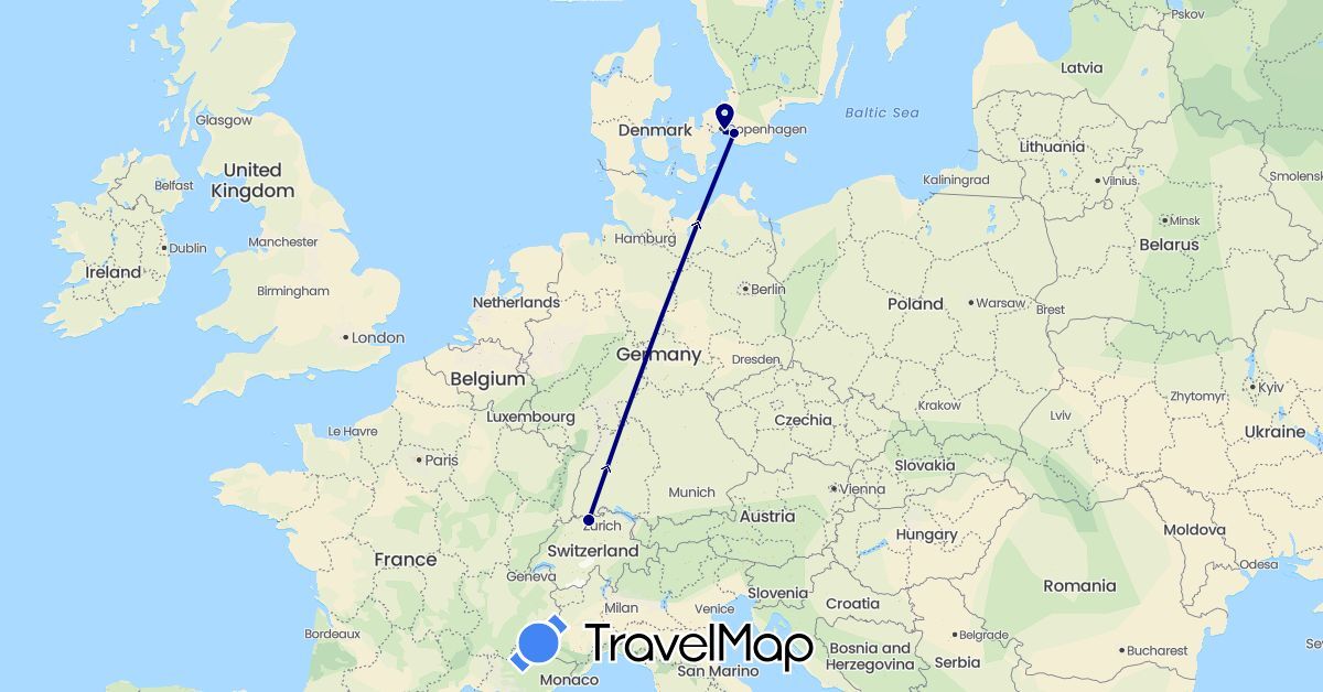 TravelMap itinerary: driving in Switzerland, Denmark, Sweden (Europe)